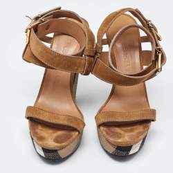 Burberry Brown Nova Check Canvas and Suede Warlow Platform Wedge Sandals Size 38