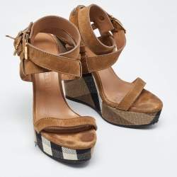Burberry Brown Nova Check Canvas and Suede Warlow Platform Wedge Sandals Size 38