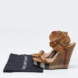 Burberry Brown Nova Check Canvas and Suede Warlow Platform Wedge Sandals Size 38