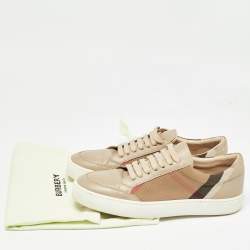 Pre Owned Burberry Brown House Check Canvas and Leather Low-Top Sneakers Size 38