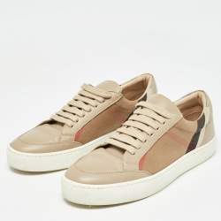 Pre Owned Burberry Brown House Check Canvas and Leather Low-Top Sneakers Size 38