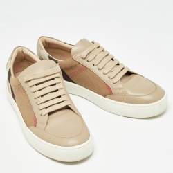 Pre Owned Burberry Brown House Check Canvas and Leather Low-Top Sneakers Size 38