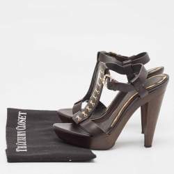 Burberry Brown Leather T-Bar Platform Ankle Strap Sandals Size 37.5