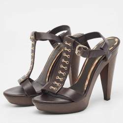 Burberry Brown Leather T-Bar Platform Ankle Strap Sandals Size 37.5