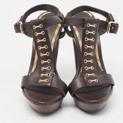 Burberry Brown Leather T-Bar Platform Ankle Strap Sandals Size 37.5