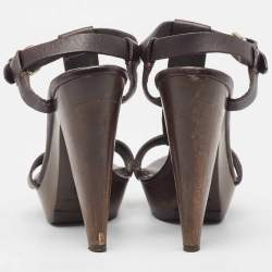 Burberry Brown Leather T-Bar Platform Ankle Strap Sandals Size 37.5