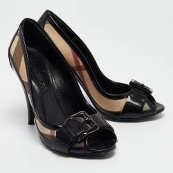 Burberry Black/Beige Patent Leather and Nova Check Canvas Peep Toe Pumps Size 37