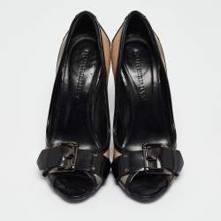 Burberry Black/Beige Patent Leather and Nova Check Canvas Peep Toe Pumps Size 37