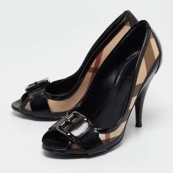 Burberry Black/Beige Patent Leather and Nova Check Canvas Peep Toe Pumps Size 37