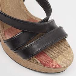 Burberry Beige/Black Canvas and Leather Nova Wedge Sandals Size 39