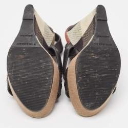 Burberry Beige/Black Canvas and Leather Nova Wedge Sandals Size 39