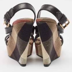 Burberry Beige/Black Canvas and Leather Nova Wedge Sandals Size 39