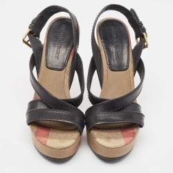 Burberry Beige/Black Canvas and Leather Nova Wedge Sandals Size 39