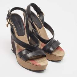 Burberry Beige/Black Canvas and Leather Nova Wedge Sandals Size 39
