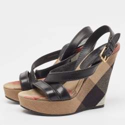 Burberry Beige/Black Canvas and Leather Nova Wedge Sandals Size 39