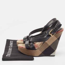 Burberry Beige/Black Canvas and Leather Nova Wedge Sandals Size 39