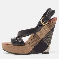 Burberry Beige/Black Canvas and Leather Nova Wedge Sandals Size 39