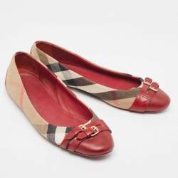 Pre Owned Burberry Burgundy/Beige Leather And Nova Check Canvas Buckle Detail Ballet Flats Size 40