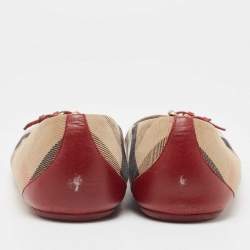 Pre Owned Burberry Burgundy/Beige Leather And Nova Check Canvas Buckle Detail Ballet Flats Size 40