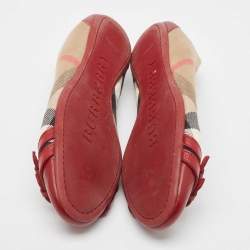 Pre Owned Burberry Burgundy/Beige Leather And Nova Check Canvas Buckle Detail Ballet Flats Size 40
