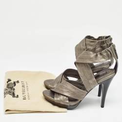 Burberry Grey Leather Platform Ankle Wrap Sandals Size 39