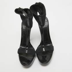 Pre Owned Burberry Black Lace and Patent Leather Ankle Strap Sandals Size 38