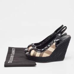 Burberry  Black/Beige Canvas and Patent Wedge Sandals Size 39