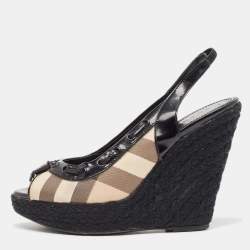 Burberry  Black/Beige Canvas and Patent Wedge Sandals Size 39