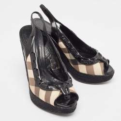 Burberry  Black/Beige Canvas and Patent Wedge Sandals Size 39