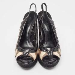 Burberry  Black/Beige Canvas and Patent Wedge Sandals Size 39