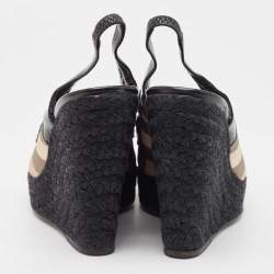 Burberry  Black/Beige Canvas and Patent Wedge Sandals Size 39