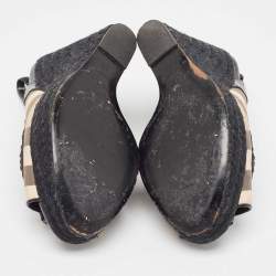 Burberry  Black/Beige Canvas and Patent Wedge Sandals Size 39