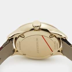 Pre Owned Burberry Yellow Gold Plated Stainless Steel Leather Canvas The Classic BU10103 Women's Wristwatch 32 mm