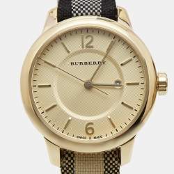 Pre Owned Burberry Yellow Gold Plated Stainless Steel Leather Canvas The Classic BU10103 Women's Wristwatch 32 mm