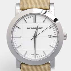 Pre Owned Burberry Silver Stainless Steel Canvas Nova Check BU1390 Women's Wristwatch 38  mm