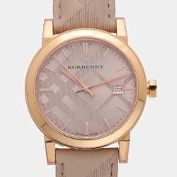 مملوكة مسبقًا Burberry Beige Rose Gold Plated Stainless Steel Leather BU9014 Women's Wristwatch 34.5 mm