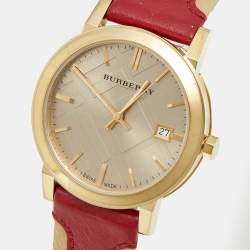 Pre Owned Burberry The City BU9017 Champagne Dial Gold Plated Stainless Steel Canvas Leather Women's Wristwatch 38 mm