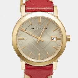 Pre Owned Burberry The City BU9017 Champagne Dial Gold Plated Stainless Steel Canvas Leather Women's Wristwatch 38 mm