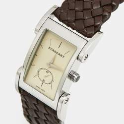 Pre Owned Burberry BU1105 Cream Dial Stainless Steel Leather Women's Wristwatch 25 mm