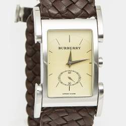 Pre Owned Burberry BU1105 Cream Dial Stainless Steel Leather Women's Wristwatch 25 mm