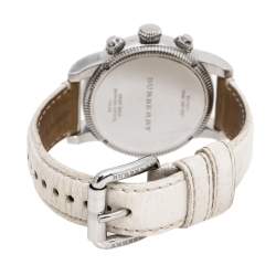 Pre Owned Burberry White Stainless Steel Leather Utilitarian BU7821 Unisex Wristwatch 42 mm