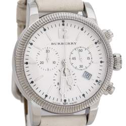 Pre Owned Burberry White Stainless Steel Leather Utilitarian BU7821 Unisex Wristwatch 42 mm