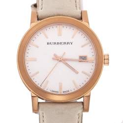 Pre Owned Burberry Silver White Rose Gold Plated Stainless Steel Leather The City BU9012 Women's Wristwatch 38 mm