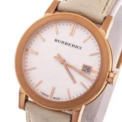 Pre Owned Burberry Silver White Rose Gold Plated Stainless Steel Leather The City BU9012 Women's Wristwatch 38 mm