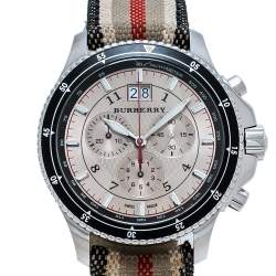 Pre Owned Burberry Beige Stainless Steel Canvas Endurance BU7600 Men's Wristwatch 44 mm