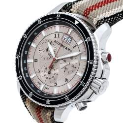 Pre Owned Burberry Beige Stainless Steel Canvas Endurance BU7600 Men's Wristwatch 44 mm