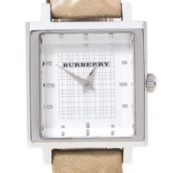 Pre Owned Burberry Silver Stainless Steel Leather Nova Check BU2016 Women's Wristwatch 24 mm