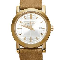 Pre Owned Burberry Champagne Yellow Gold Tone Stainless Steel Novacheck Canvas BU1399 Women's Wristwatch 28 MM