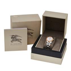 Pre Owned Burberry Silver White Two Tone Stainless Steel BU9105 Women's Wristwatch 34 mm