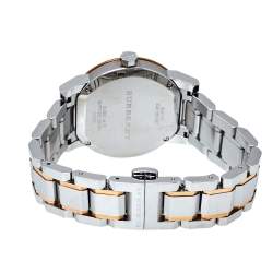 Pre Owned Burberry Silver White Two Tone Stainless Steel BU9105 Women's Wristwatch 34 mm